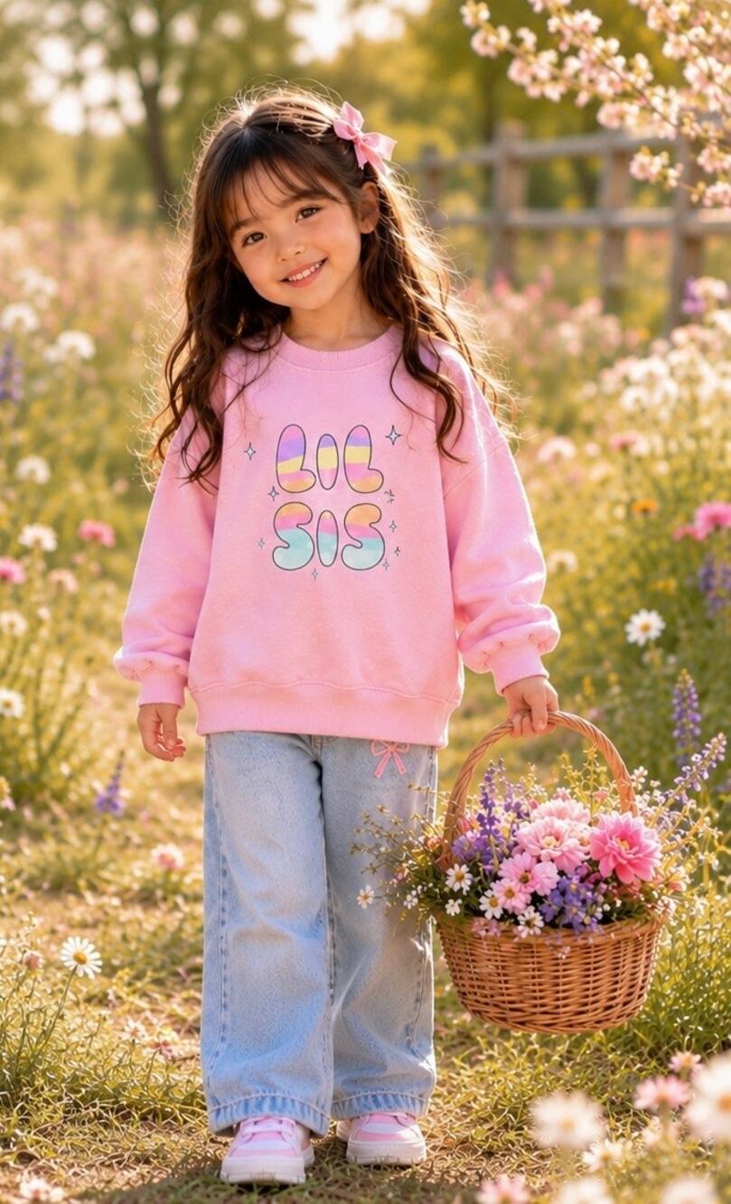 Lil Sis Whimsical Script Slouchy Oversized Pastel Sweatshirt Sibling Love